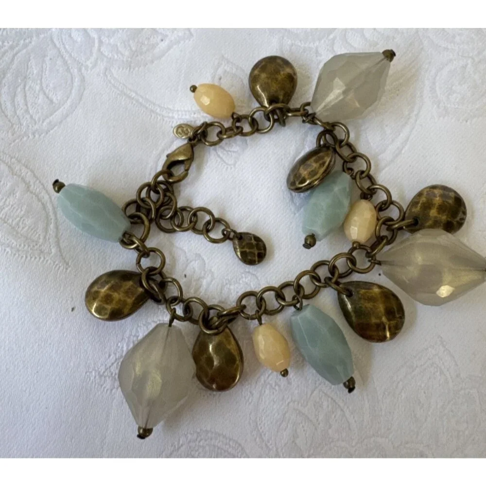 Premier Designs Beaded Charm Bracelet Blue Cream Dark Goldtone 8.5